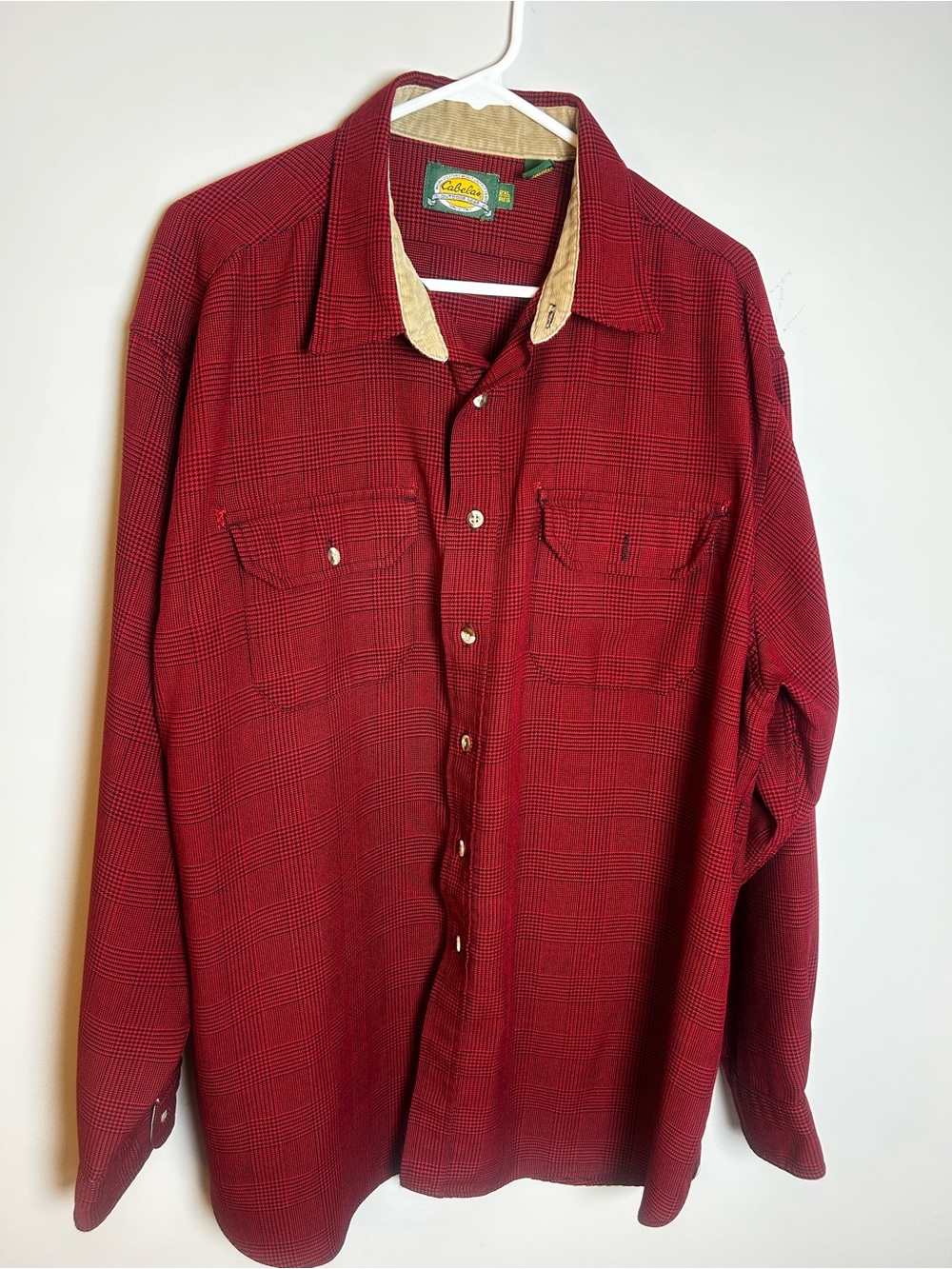 Cabela's Red Plaid Button-Down Shirt with Tan Corduroy Collar